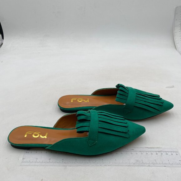 FSJ Womens Tassel Flat Mules Closed Pointed Toe, Loafers Backless Green Suede - Picture 3 of 7